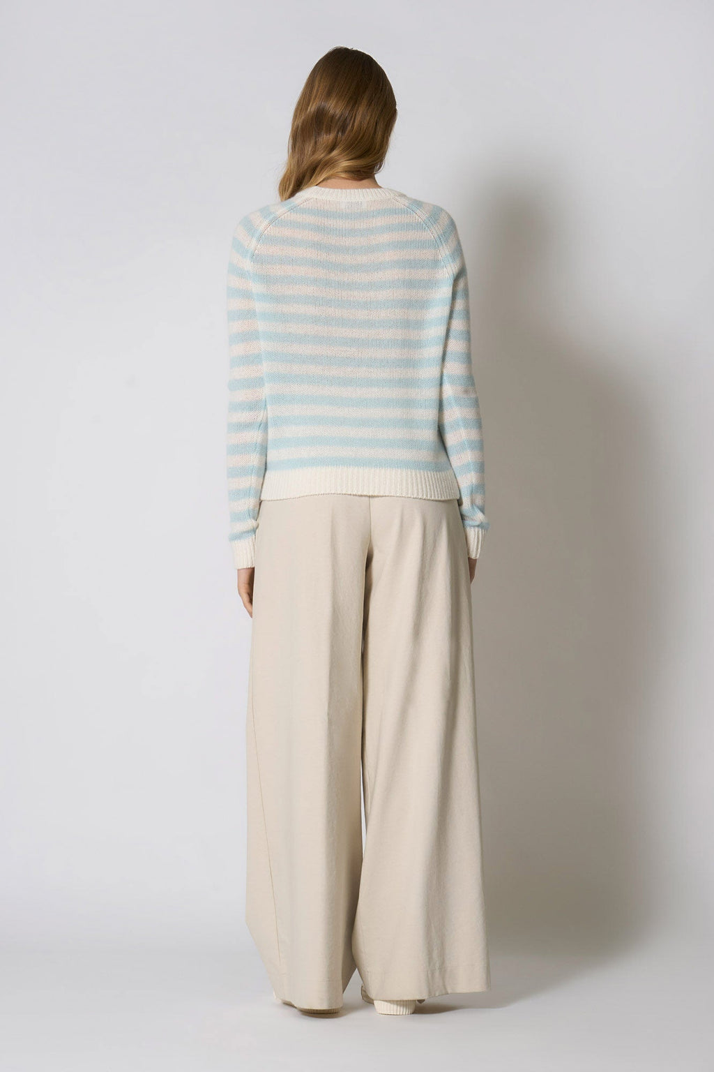 Maglia Girocollo a Righe in Puro Cashmere Acquamarina