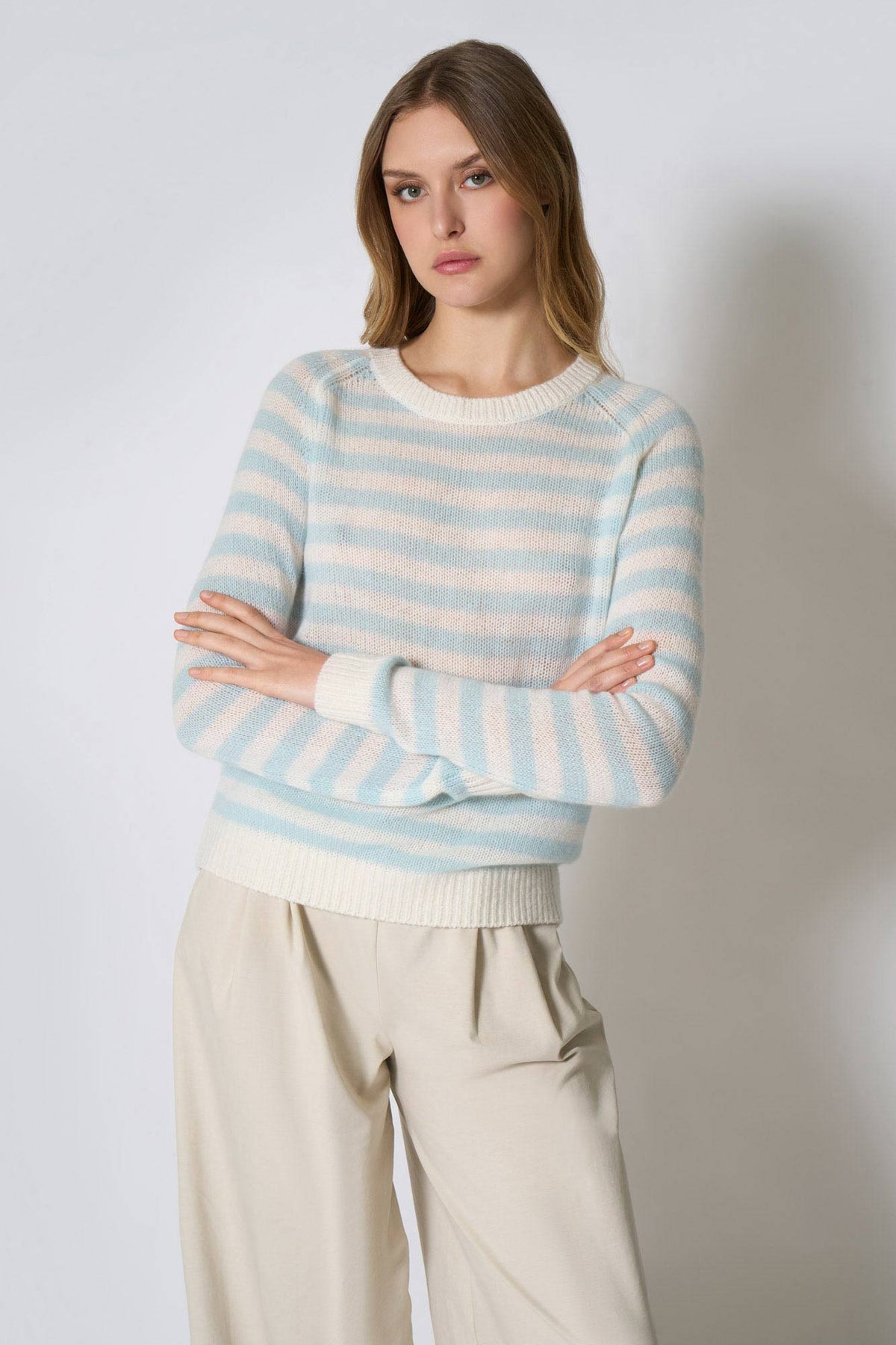Maglia Girocollo a Righe in Puro Cashmere Acquamarina