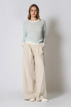 Maglia Girocollo a Righe in Puro Cashmere Acquamarina
