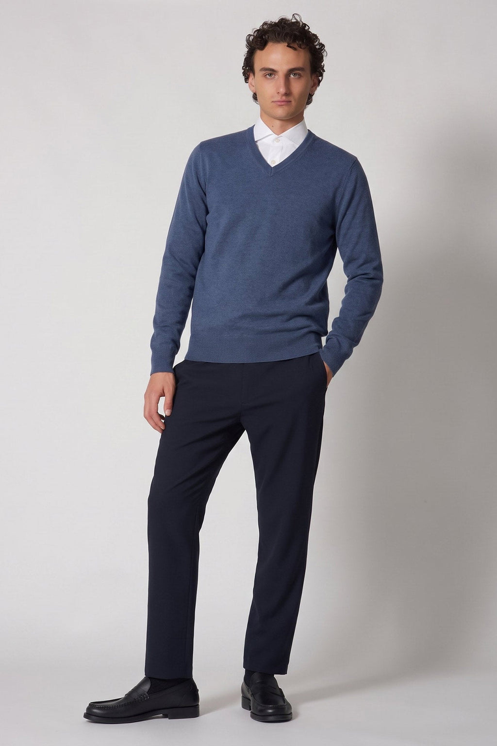 Maglia Scollo a V in Puro Cashmere Denim Scuro