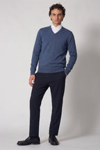 Maglia Scollo a V in Puro Cashmere Denim Scuro