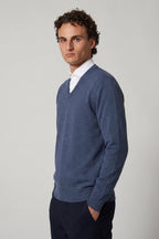 Maglia Scollo a V in Puro Cashmere Denim Scuro