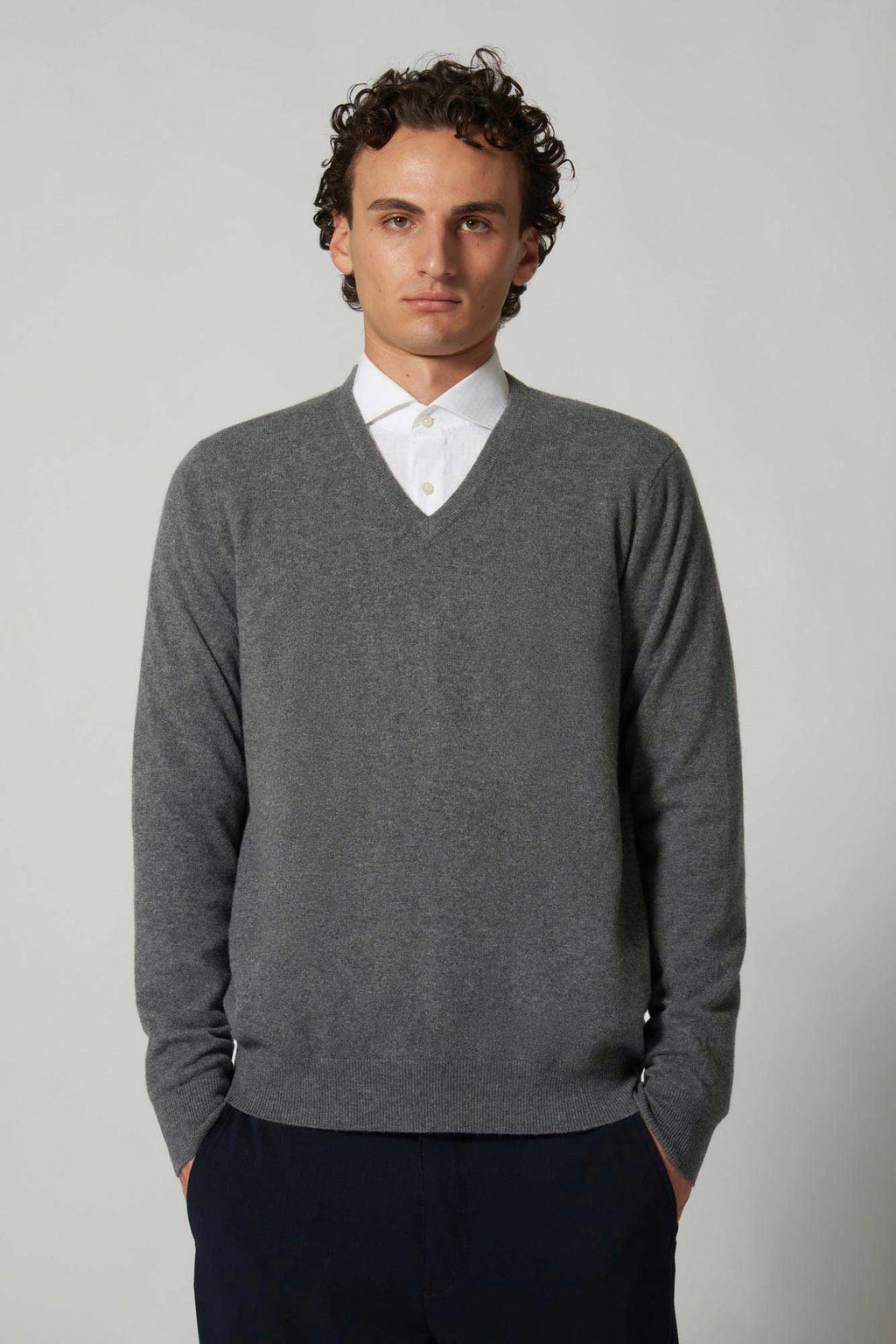 Maglia Scollo a V in Puro Cashmere Silver