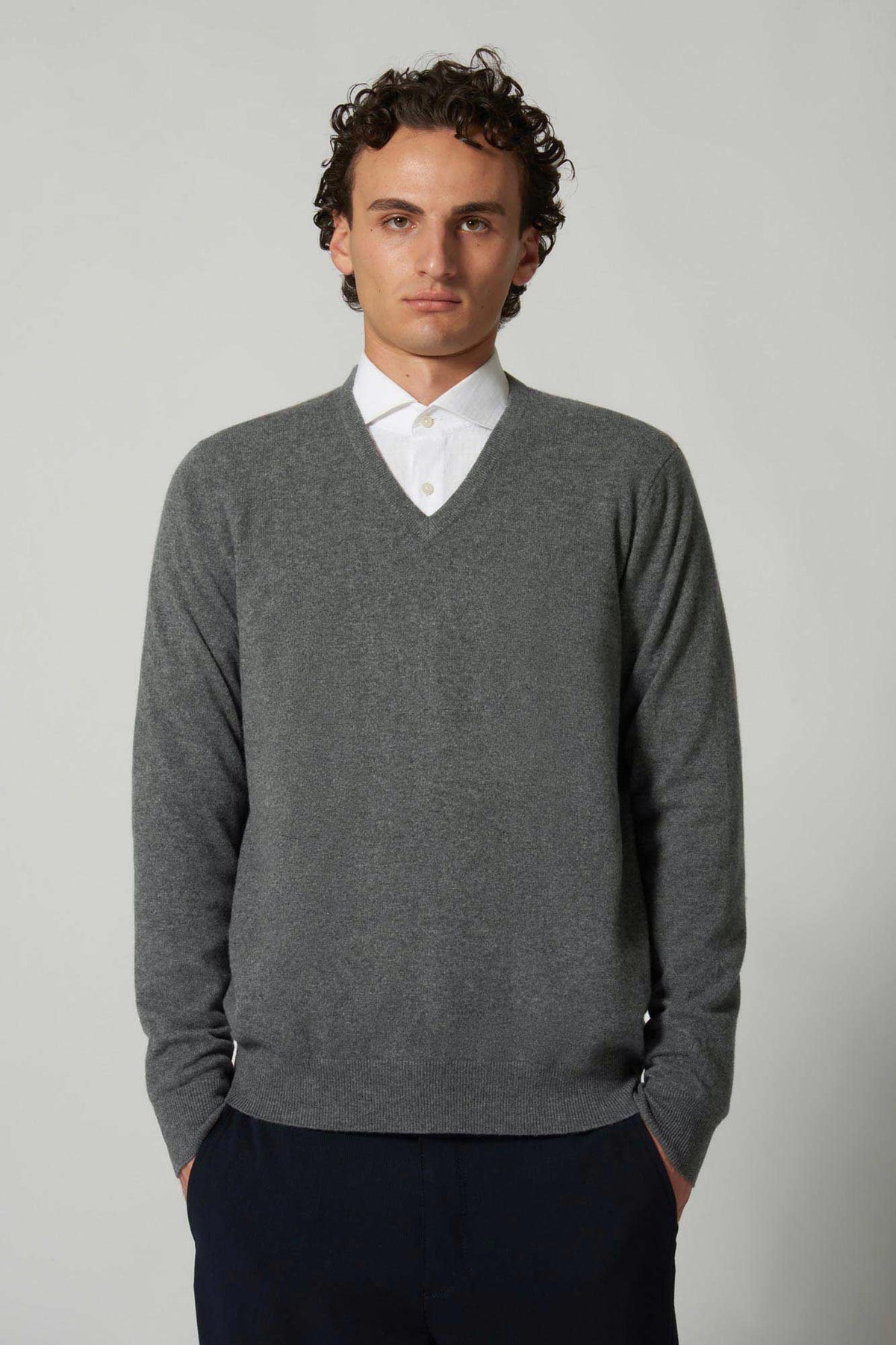 Maglia Scollo a V in Puro Cashmere Silver