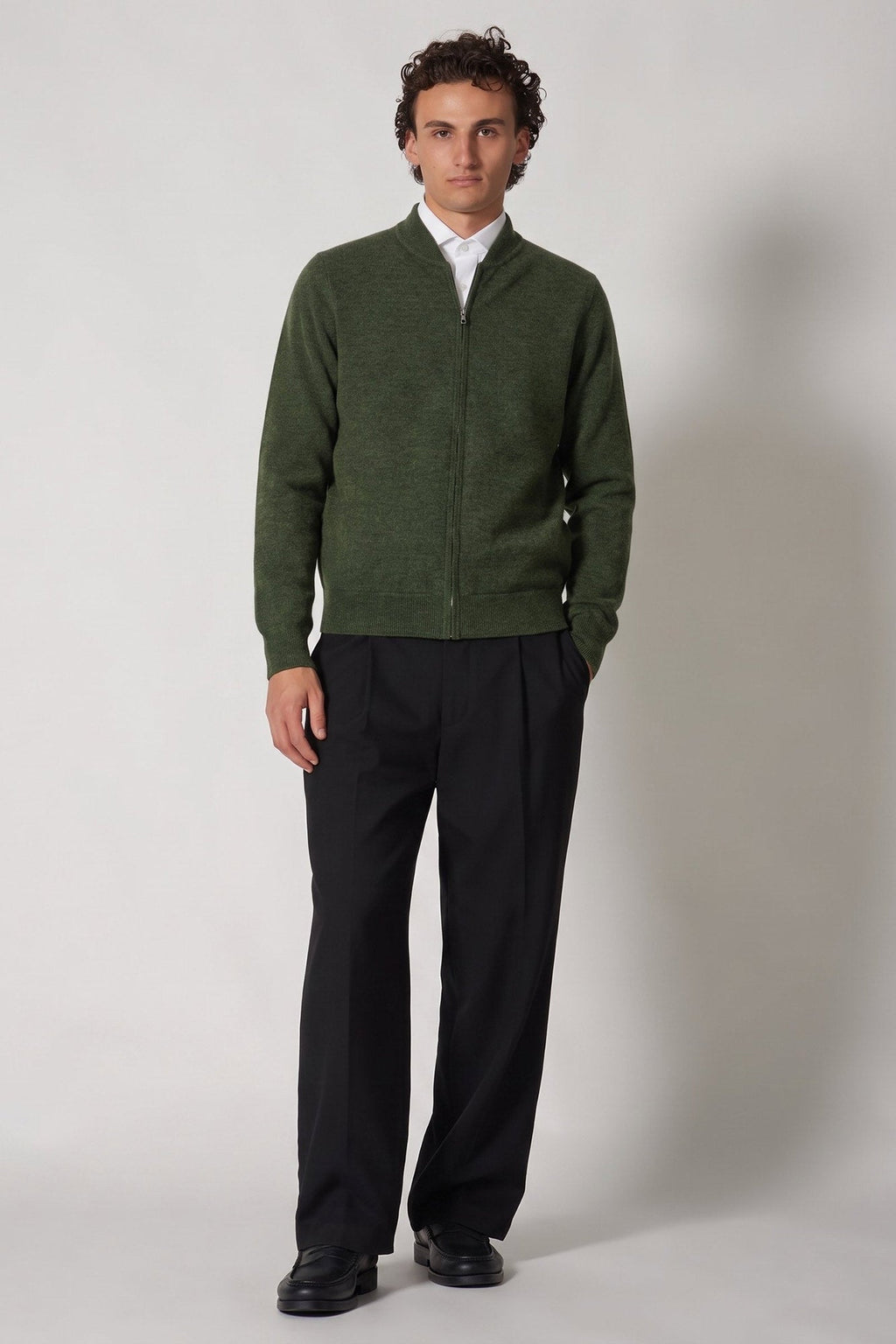 Cardigan a Bomber con Zip in Puro Cashmere Loden