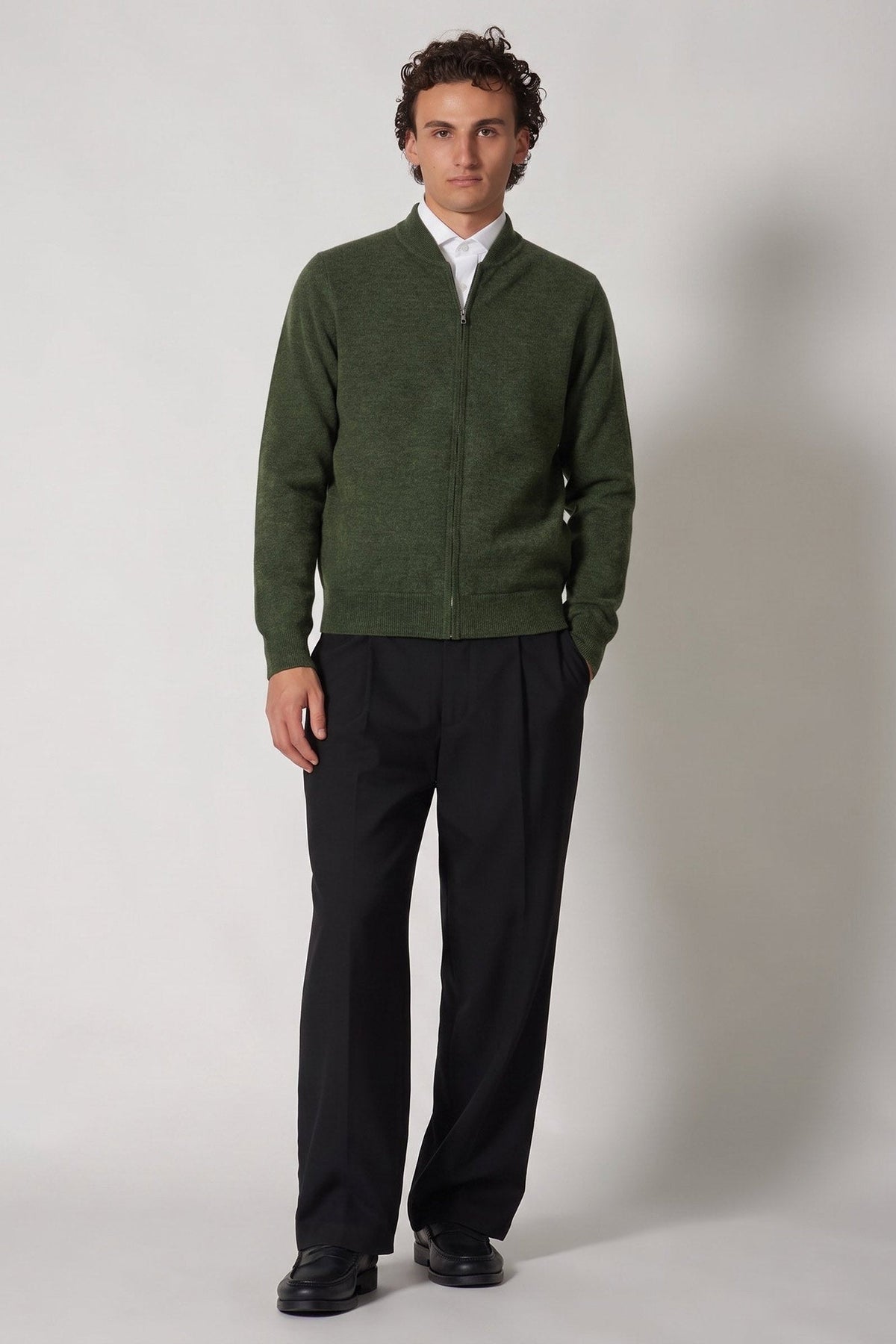 Cardigan a Bomber con Zip in Puro Cashmere Loden