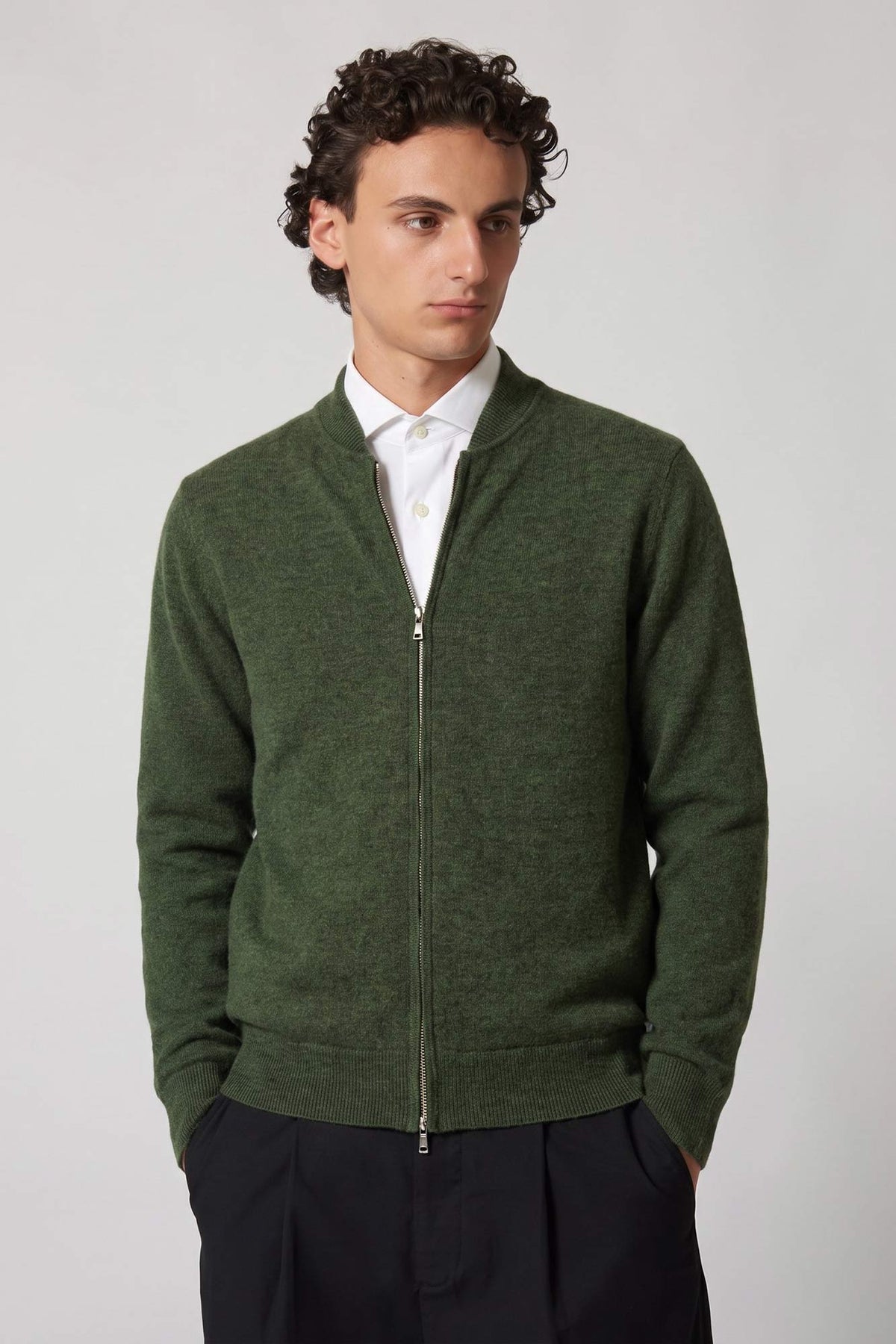 Cardigan a Bomber con Zip in Puro Cashmere Loden