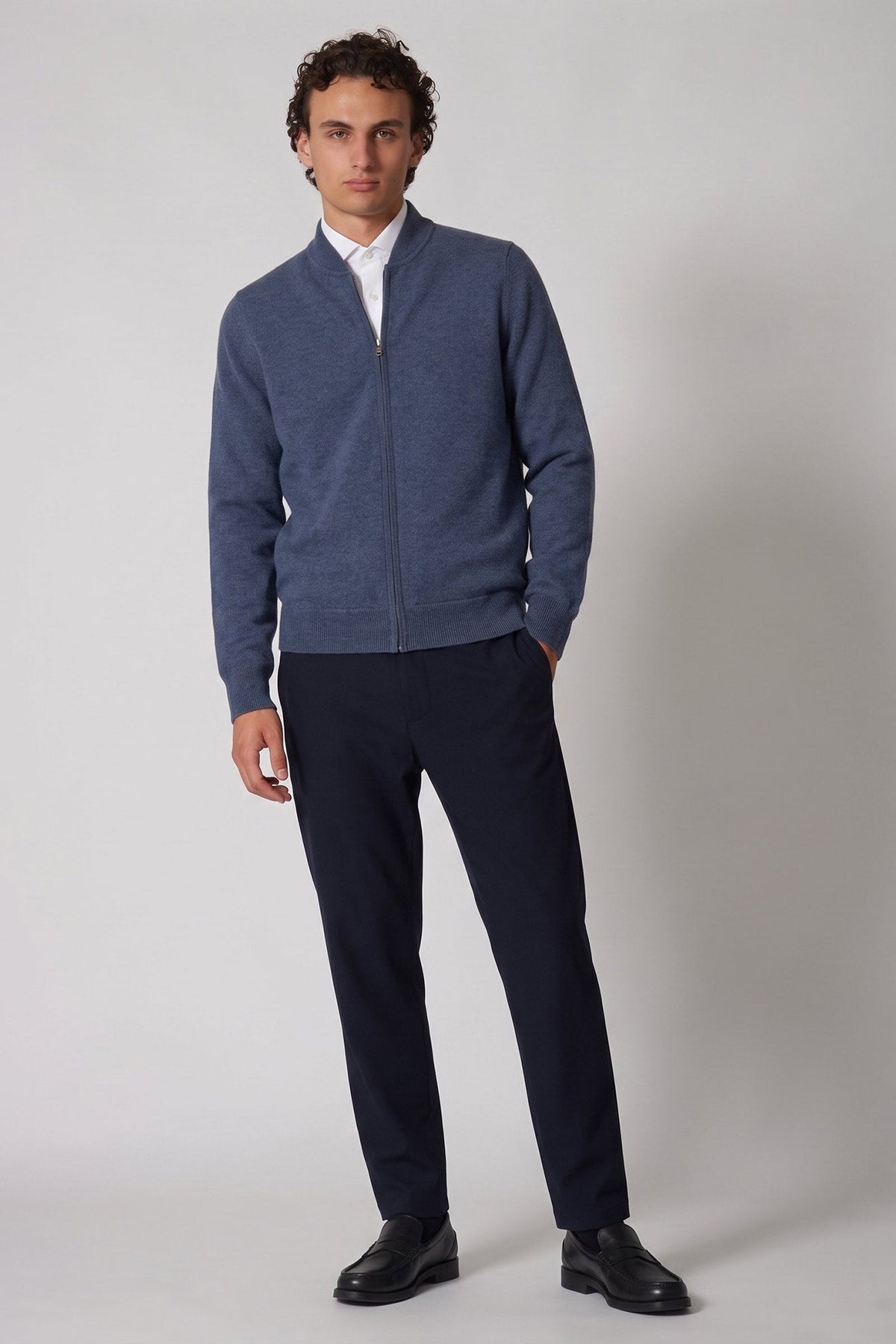 Cardigan a Bomber con Zip in Puro Cashmere Denim Scuro