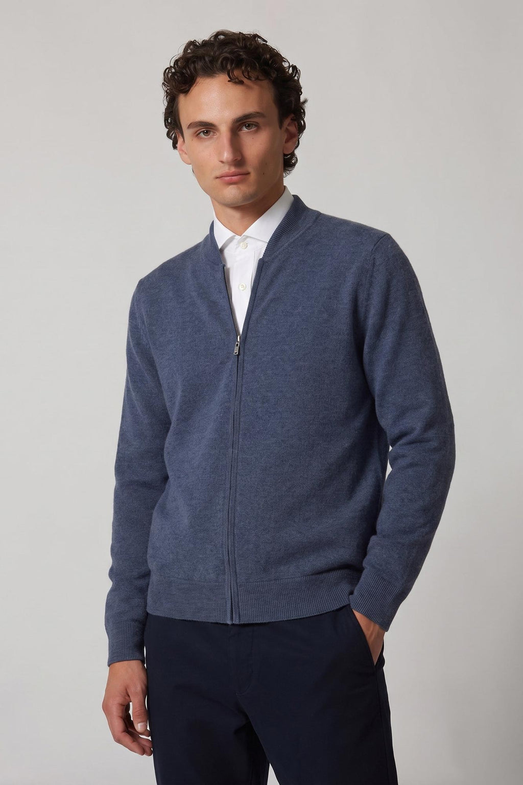 Cardigan a Bomber con Zip in Puro Cashmere Denim Scuro