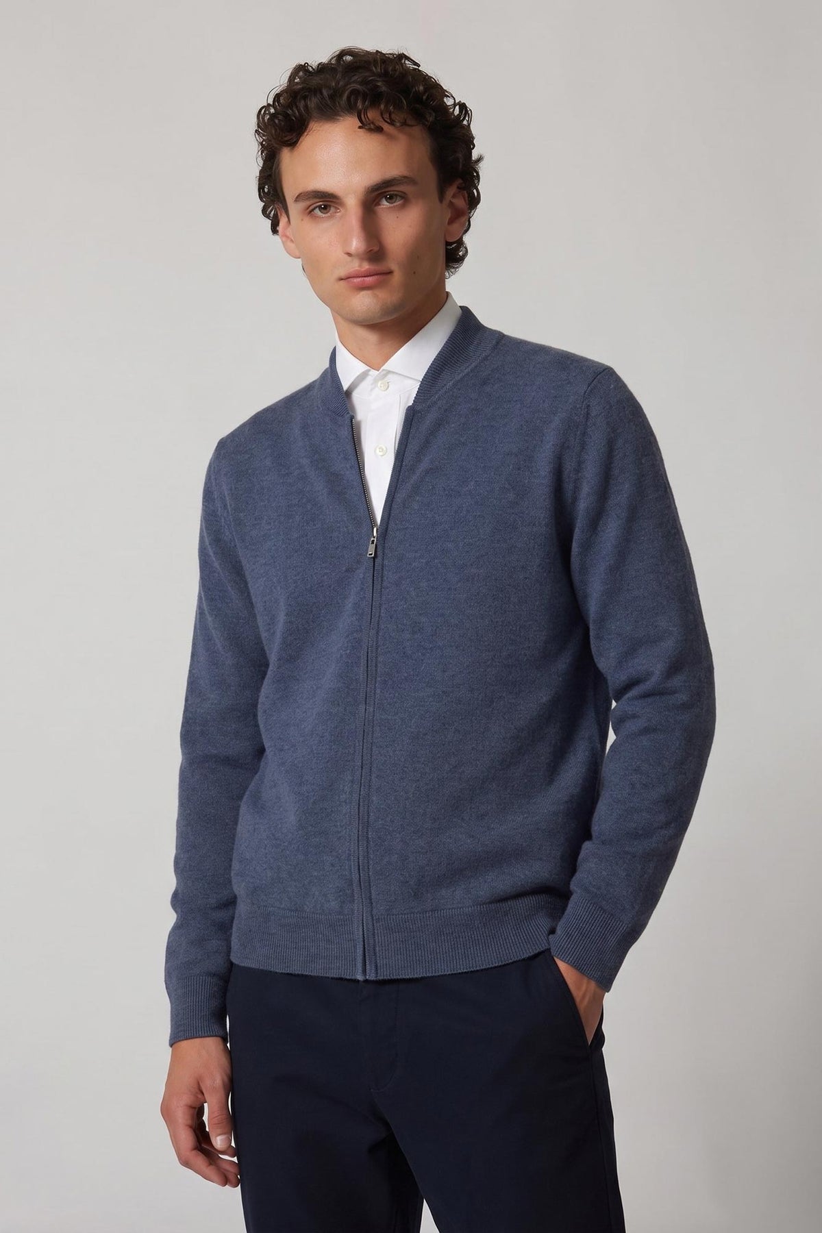 Cardigan a Bomber con Zip in Puro Cashmere Denim Scuro