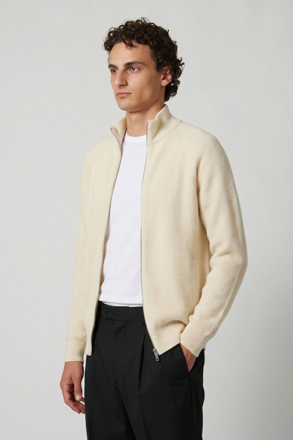 Cardigan con Zip a Costa Inglese in Puro Cashmere Latte