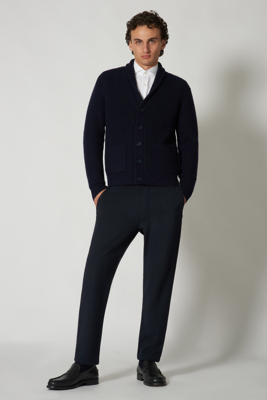 Cardigan Collo a Scialle a Costa Inglese in Puro Cashmere Navy