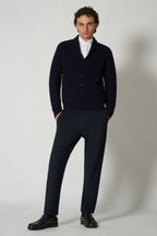 Cardigan Collo a Scialle a Costa Inglese in Puro Cashmere Navy