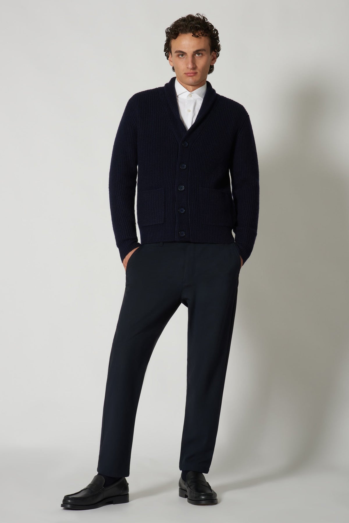 Cardigan Collo a Scialle a Costa Inglese in Puro Cashmere Navy