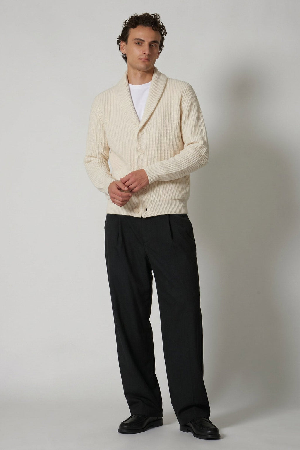 Cardigan Collo a Scialle a Costa Inglese in Puro Cashmere Latte