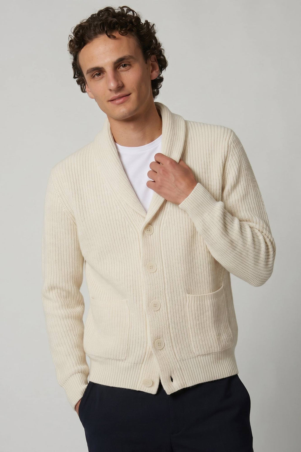 Cardigan Collo a Scialle a Costa Inglese in Puro Cashmere Latte