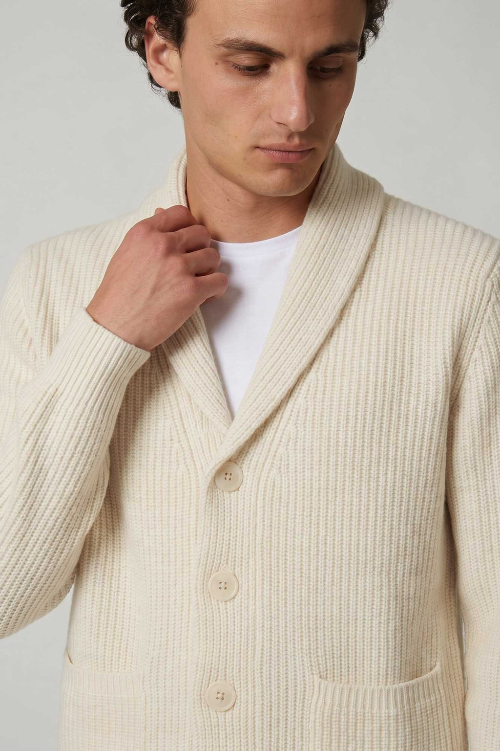 Cardigan Collo a Scialle a Costa Inglese in Puro Cashmere Latte