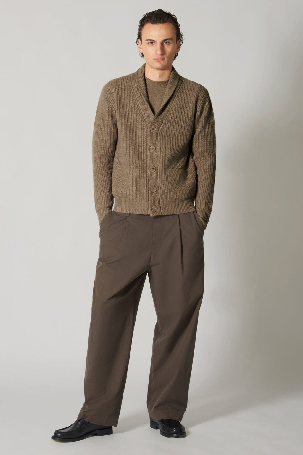 Cardigan Collo a Scialle a Costa Inglese in Puro Cashmere Dune