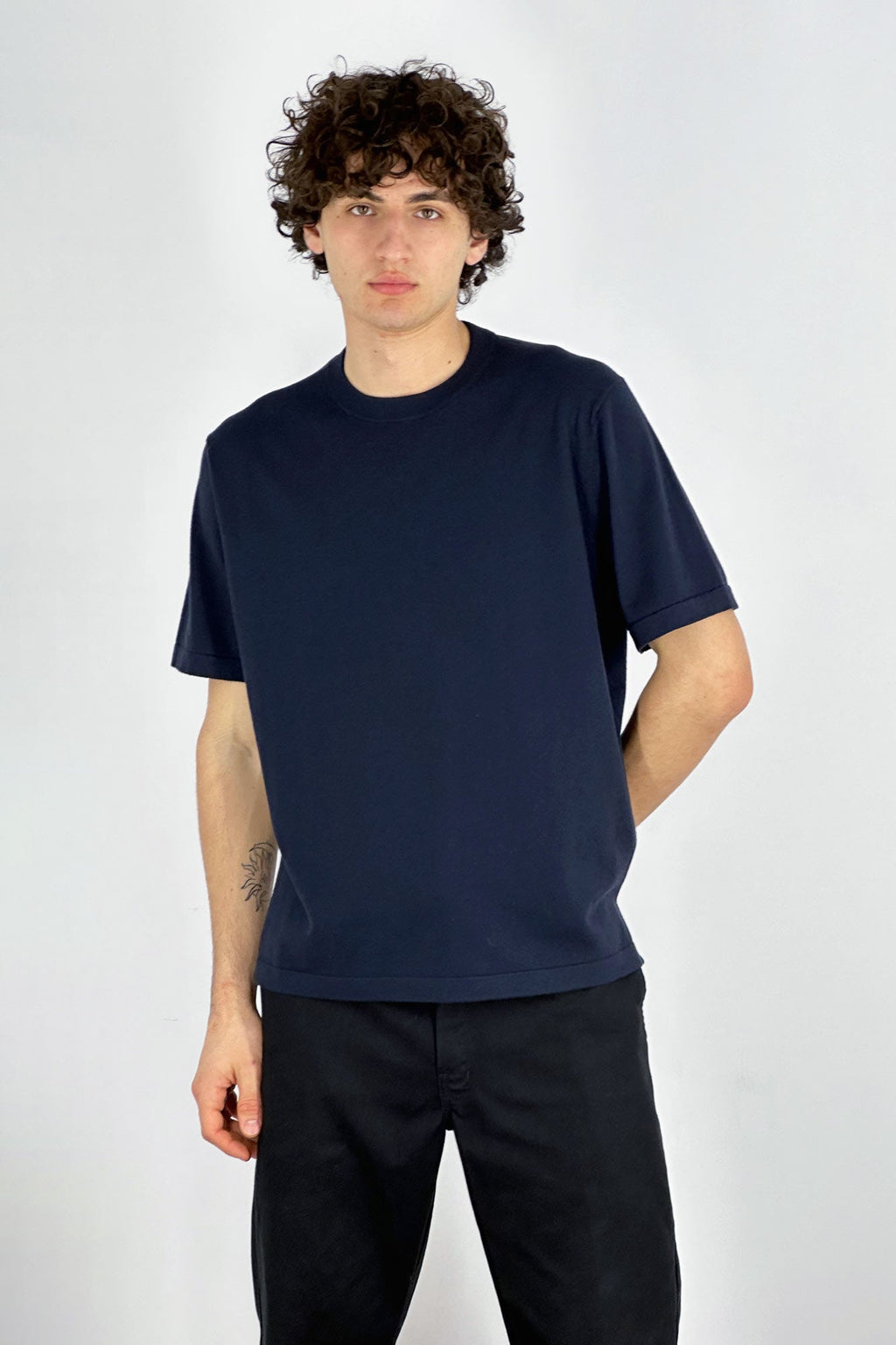 Maglia Girocollo Mezza Manica in Cotone Cashmere Navy