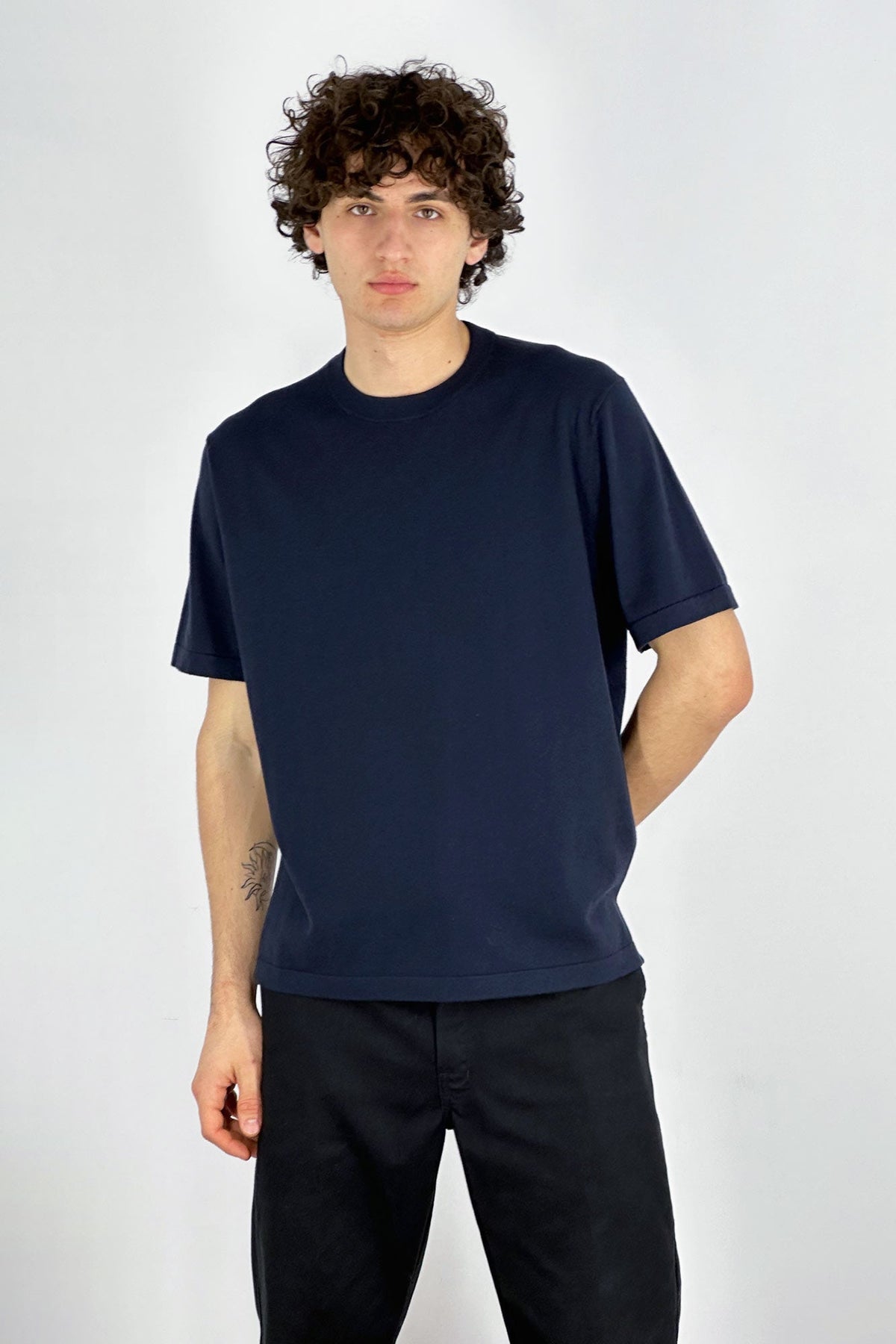 Maglia Girocollo Mezza Manica in Cotone Cashmere Navy