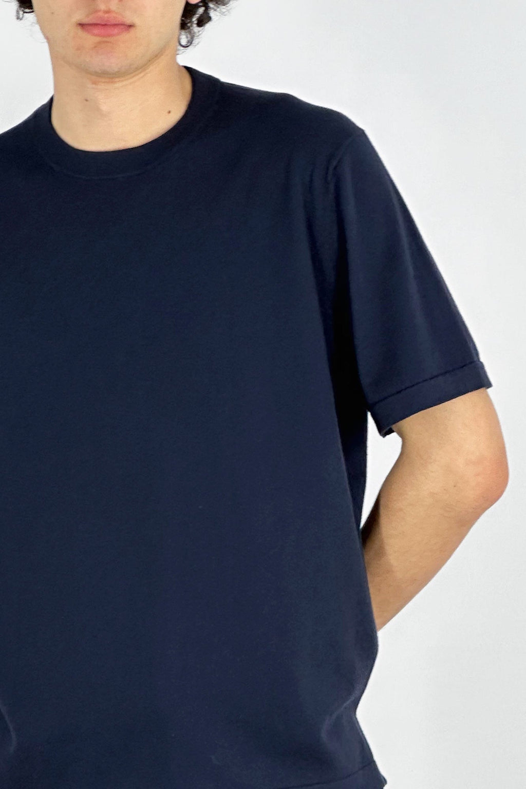 Maglia Girocollo Mezza Manica in Cotone Cashmere Navy