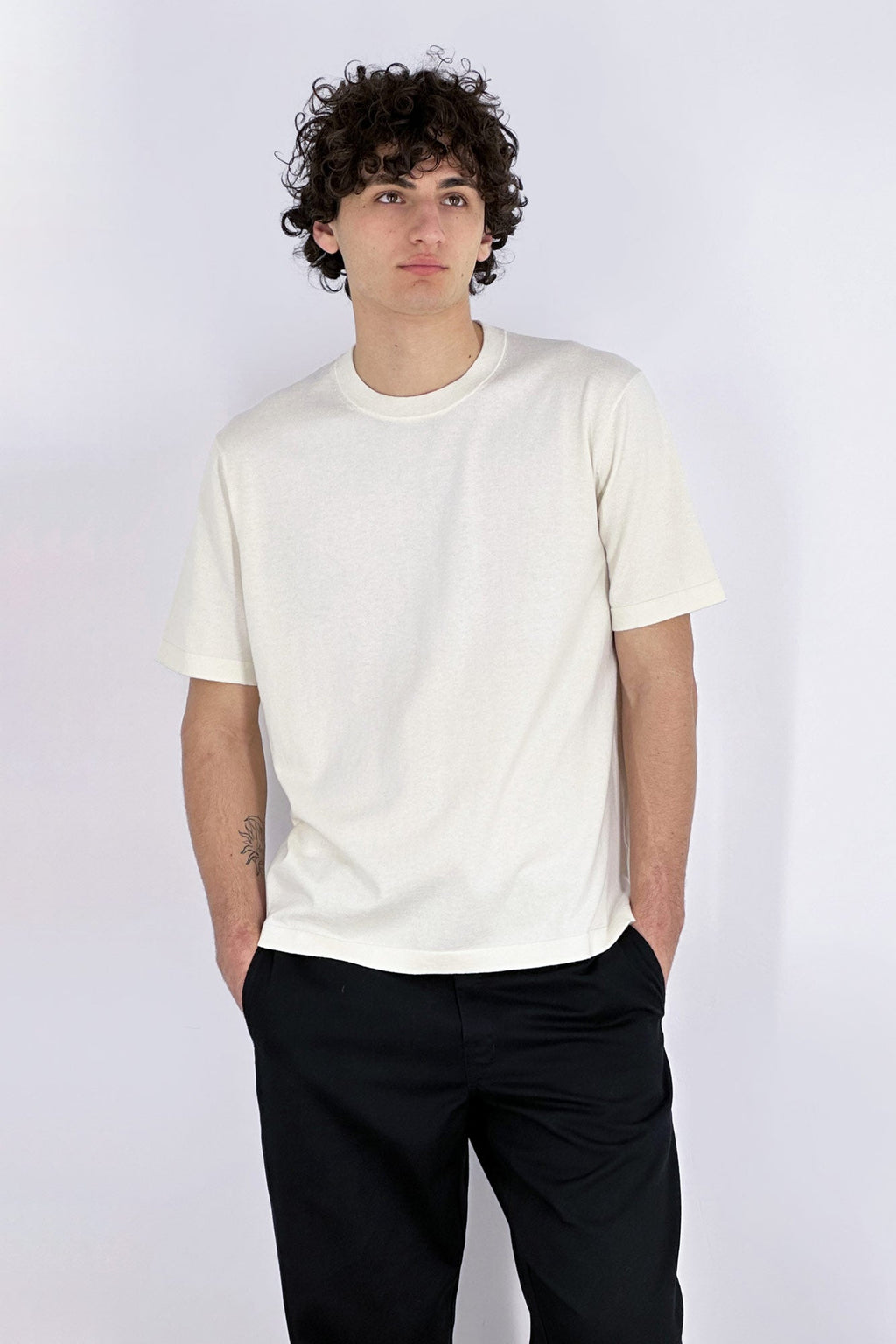 Maglia Girocollo Mezza Manica in Cotone Cashmere Avorio