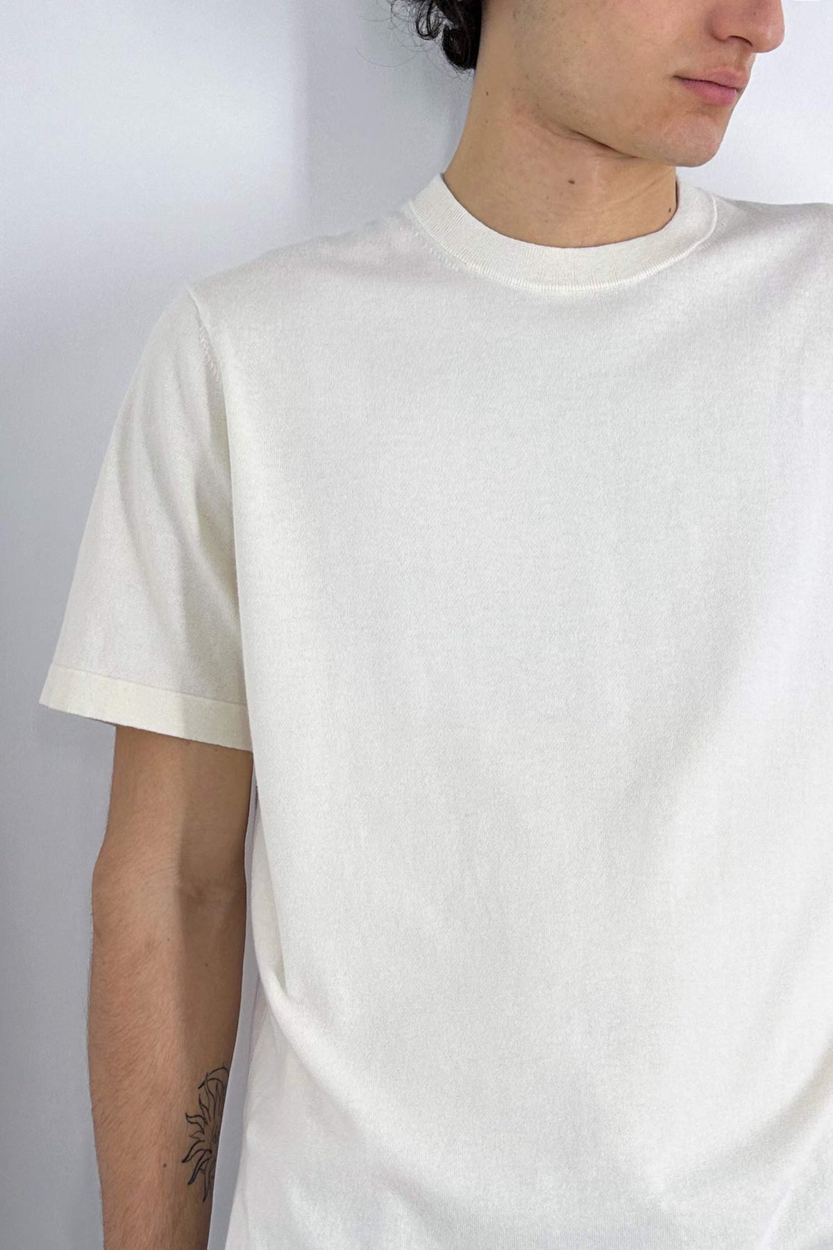 Maglia Girocollo Mezza Manica in Cotone Cashmere Avorio