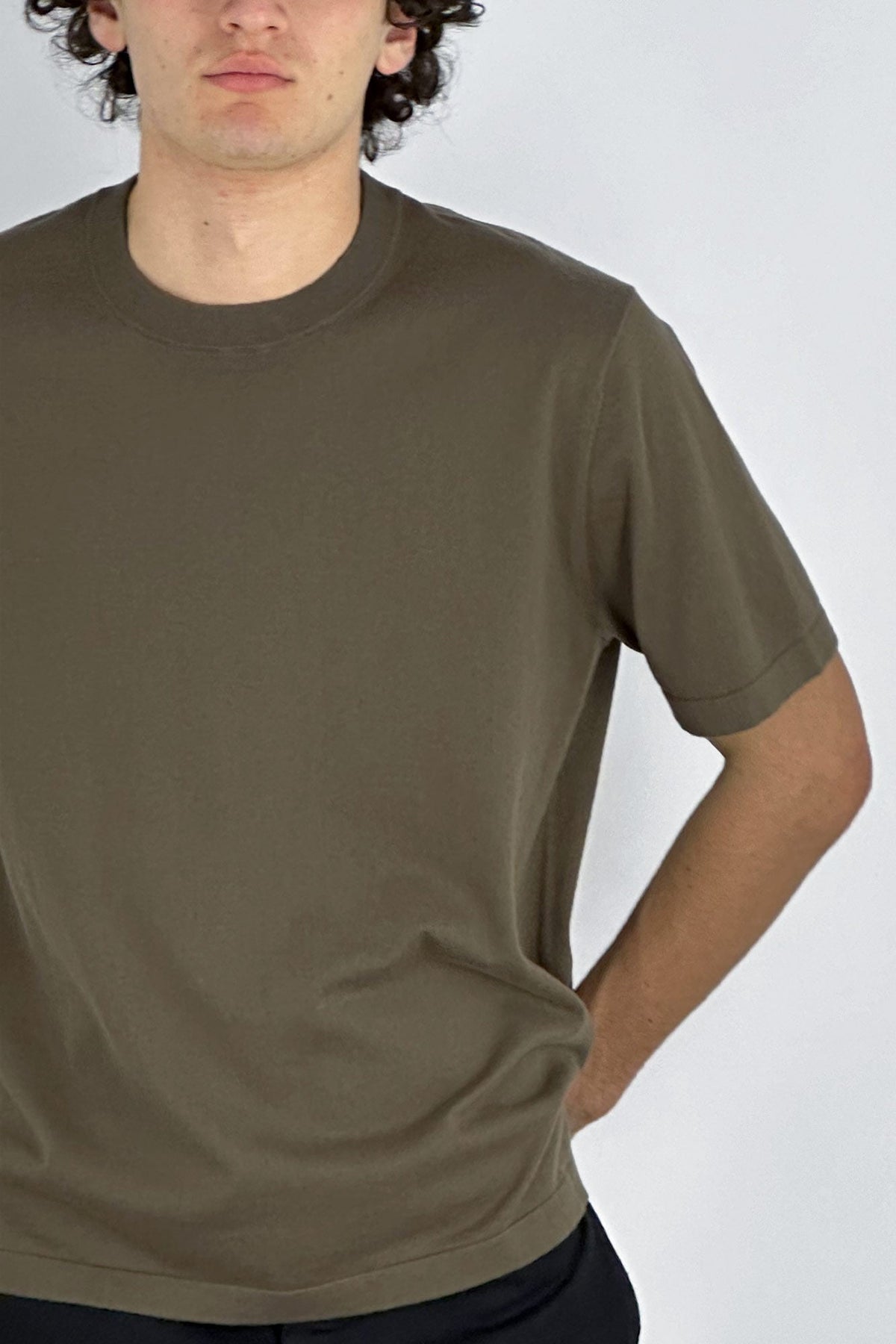 Maglia Girocollo Mezza Manica in Cotone Cashmere Color Fango