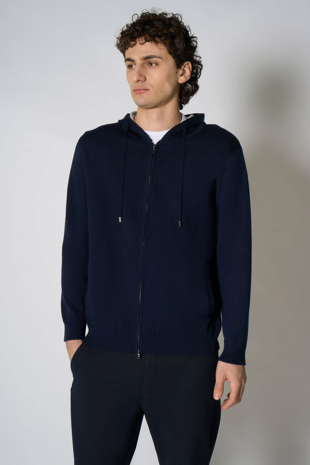 Felpa con Cappuccio in Cotone Seta Navy