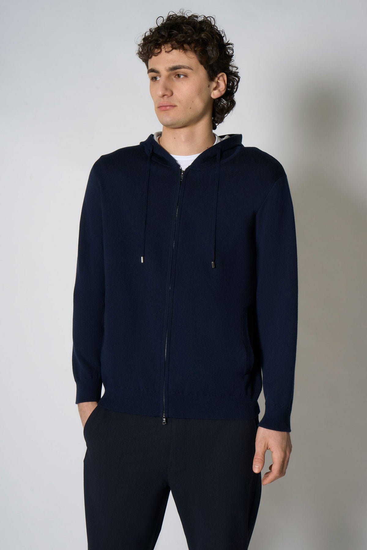 Felpa con Cappuccio in Cotone Seta Navy