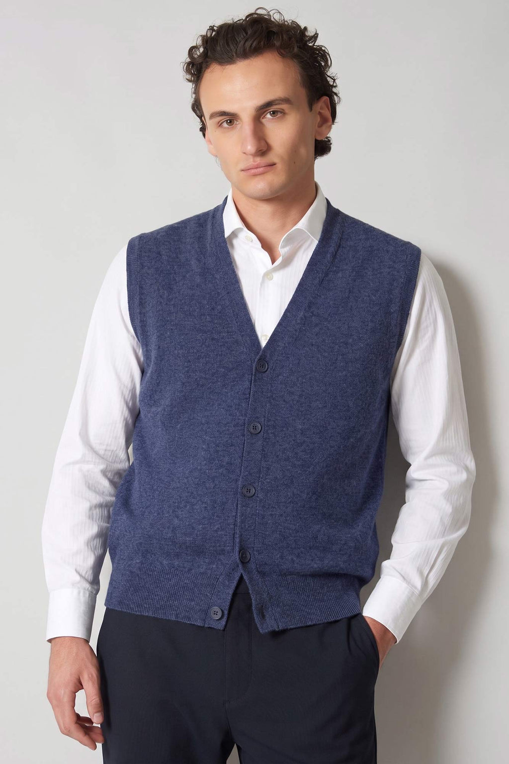Gilet con Bottoni in Puro Cashmere Denim Scuro