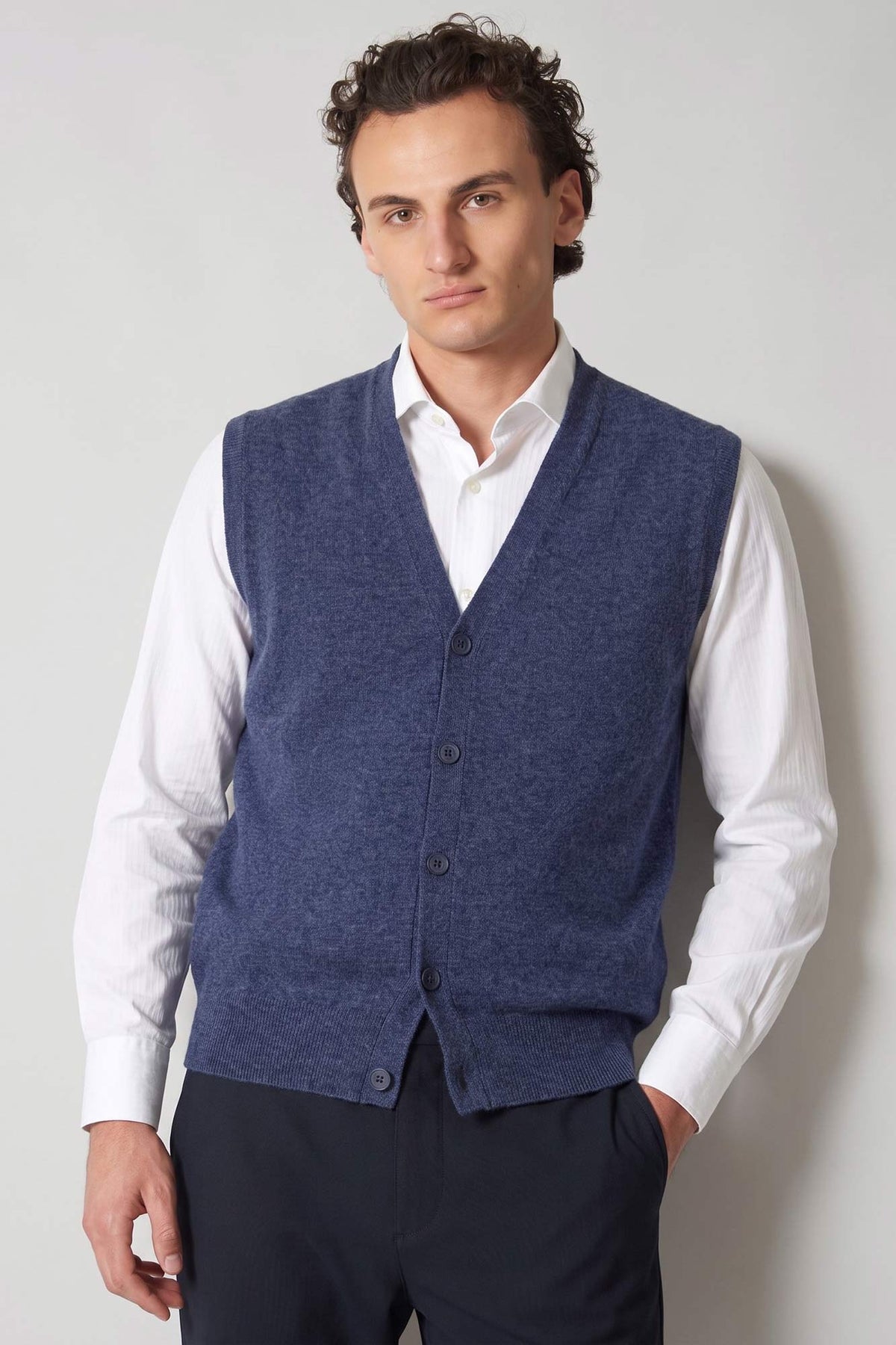 Gilet con Bottoni in Puro Cashmere Denim Scuro