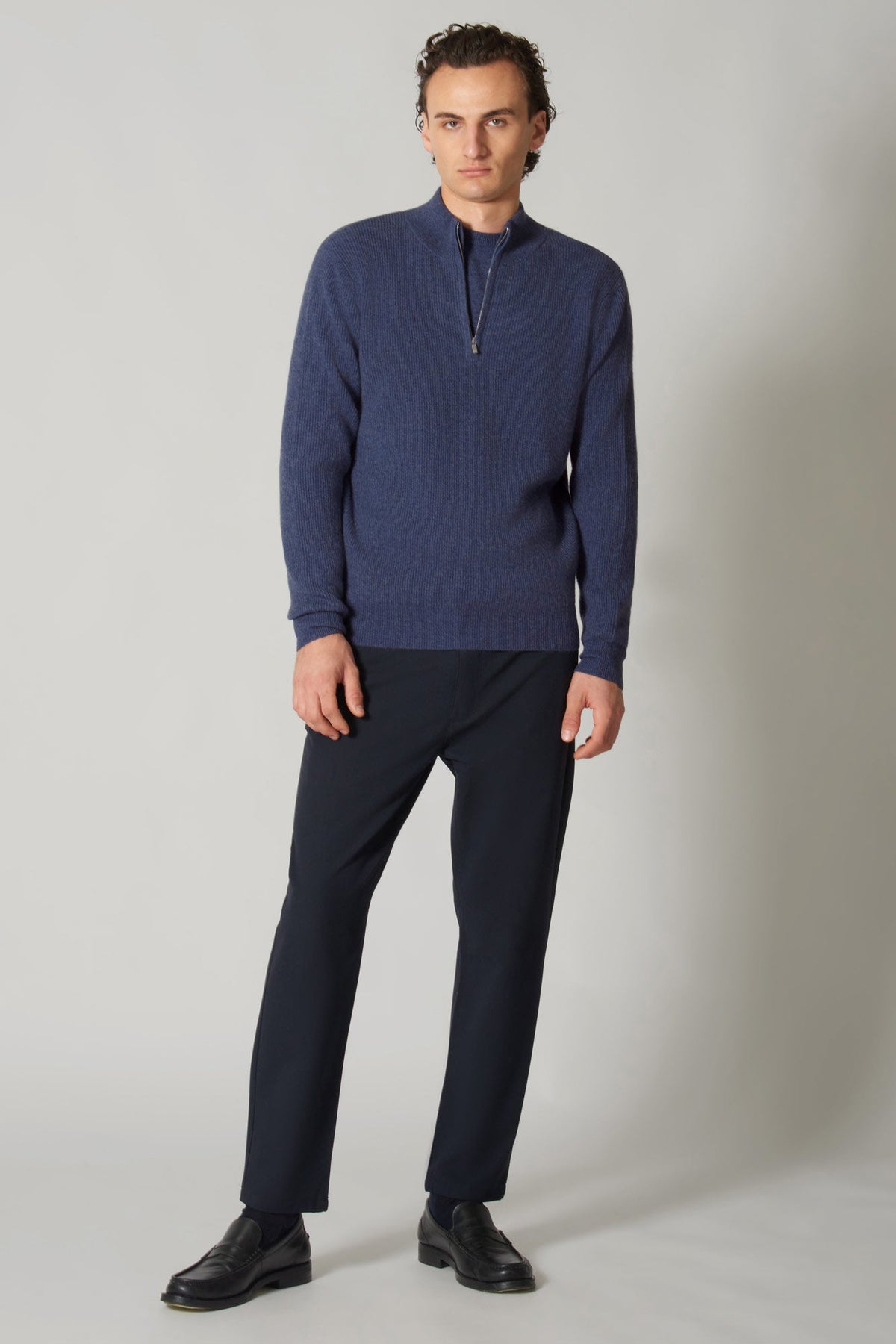 Lupetto Mezza Zip a Costa Inglese in Puro Cashmere Denim Scuro
