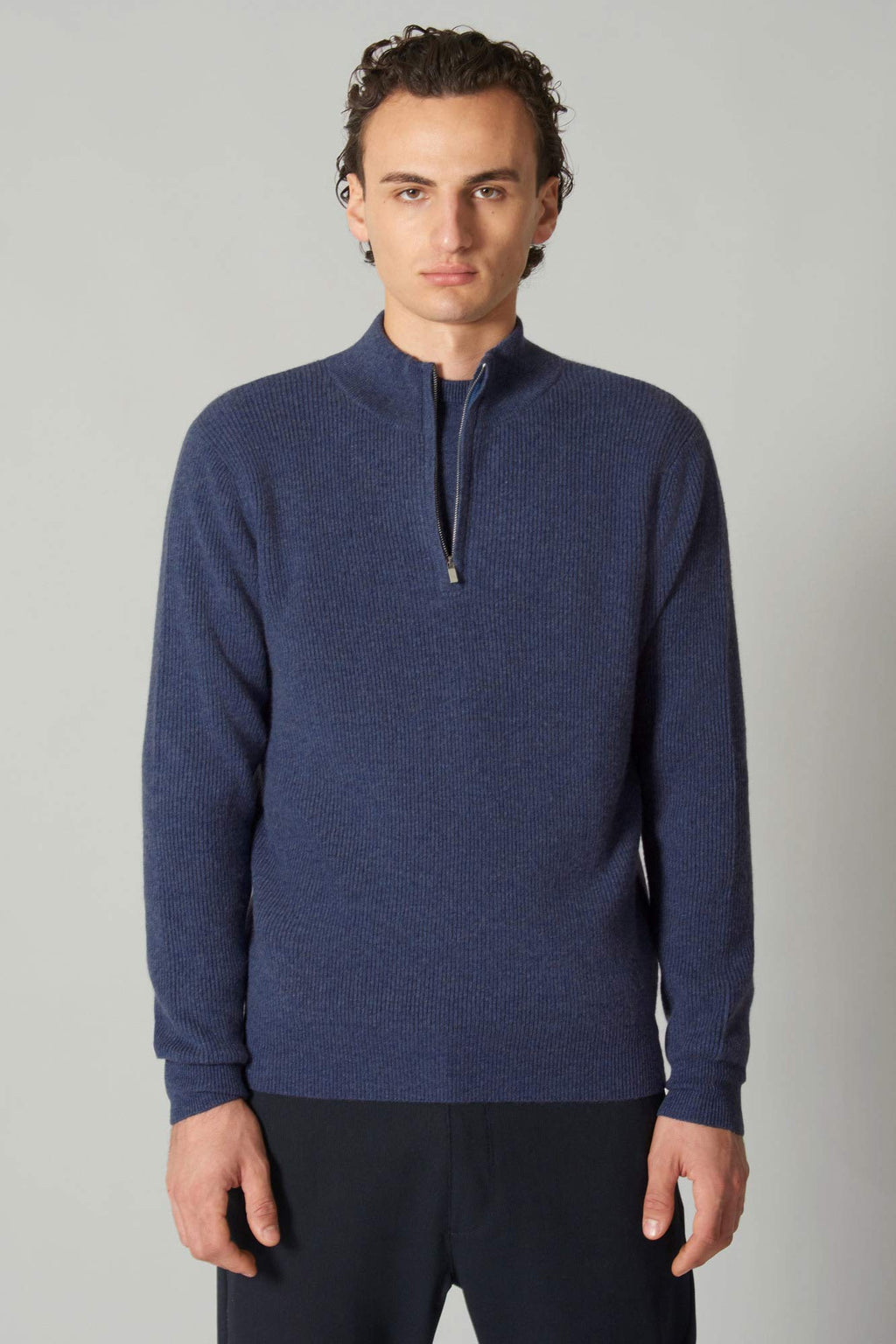 Lupetto Mezza Zip a Costa Inglese in Puro Cashmere Denim Scuro