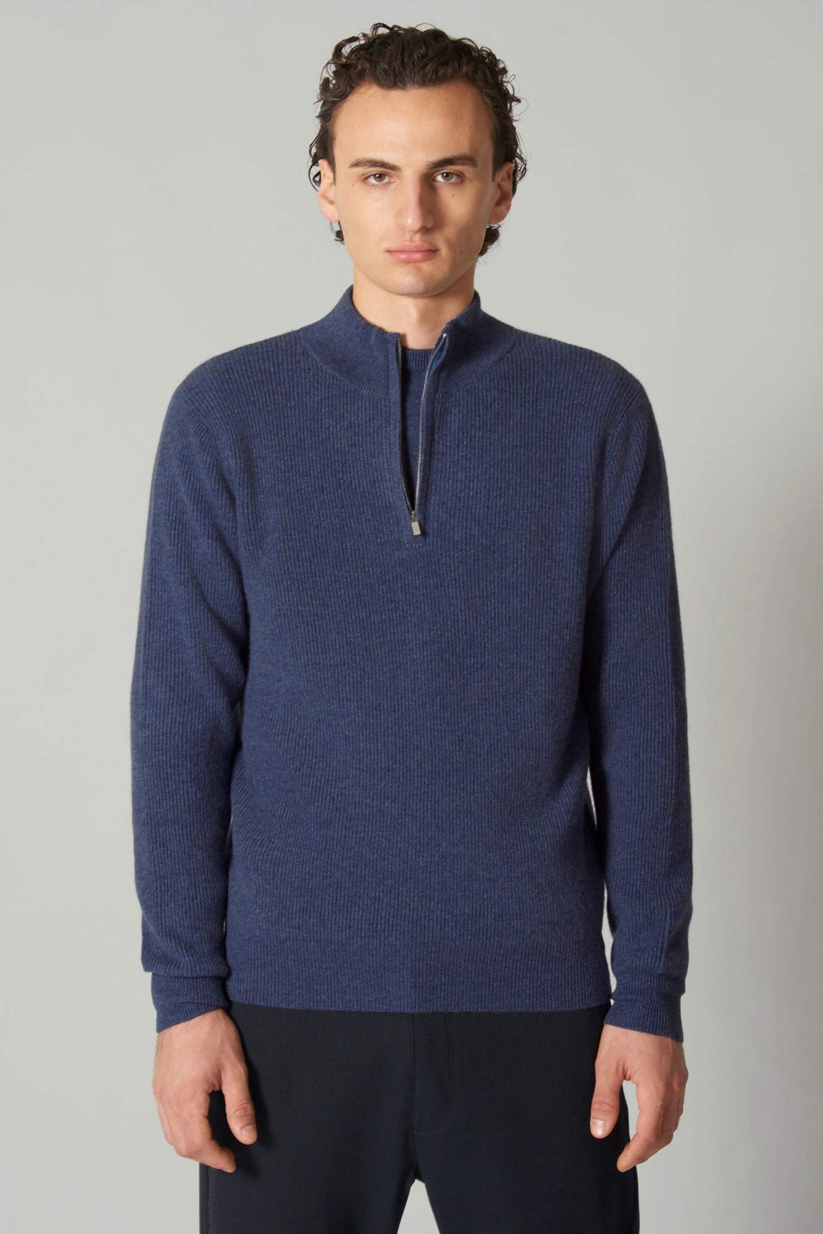Lupetto Mezza Zip a Costa Inglese in Puro Cashmere Denim Scuro