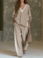 FELIA | KHAKI COLOR-BLOCK WIDE-LEG TWO-PIECE SET
