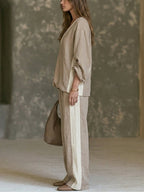 FELIA | KHAKI COLOR-BLOCK WIDE-LEG TWO-PIECE SET