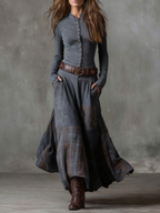 Evelina™ | Vestito Lungo Vintage in Camoscio a Quadri Blu Navy (con Cintura Inclusa)