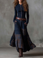 Evelina™ | Vestito Lungo Vintage in Camoscio a Quadri Blu Navy (con Cintura Inclusa)