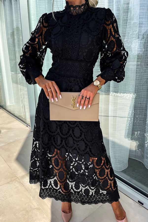 Melody - Elegante Abito Midi in Pizzo Collo Alto & Maniche a Sbuffo