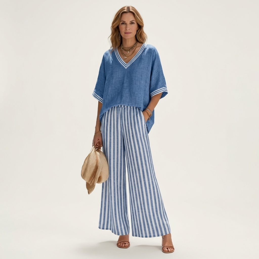 Ginevra | Set Top Scollo a V Stile College e Pantaloni a Righe