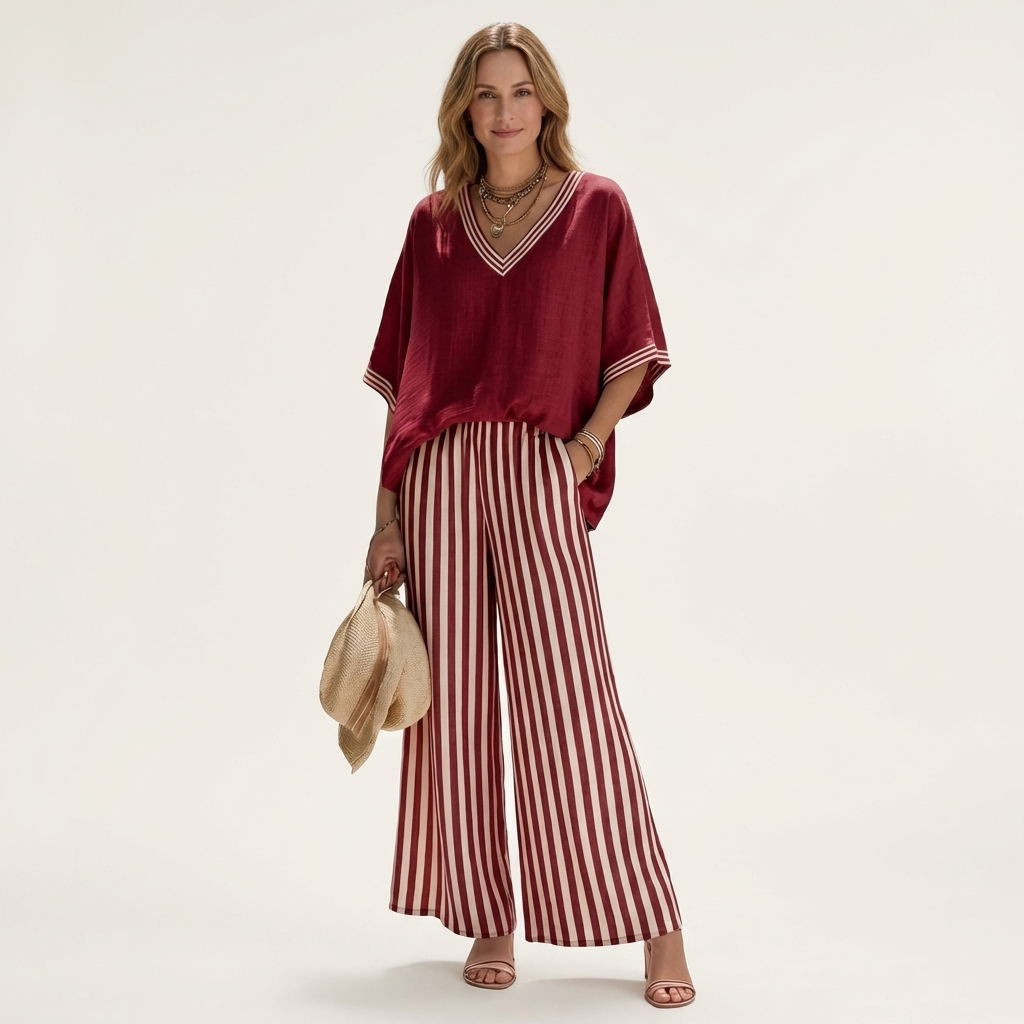 Ginevra | Set Top Scollo a V Stile College e Pantaloni a Righe