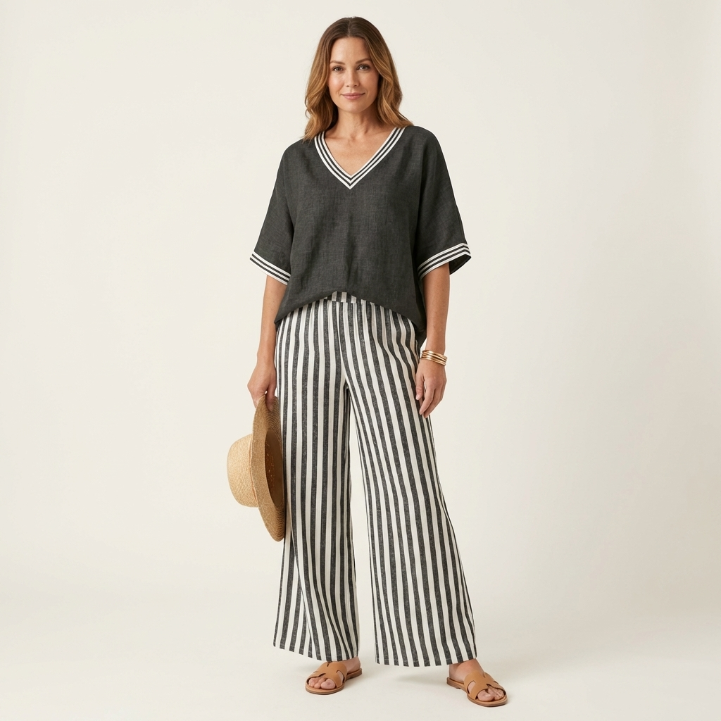 Ginevra | Set Top Scollo a V Stile College e Pantaloni a Righe