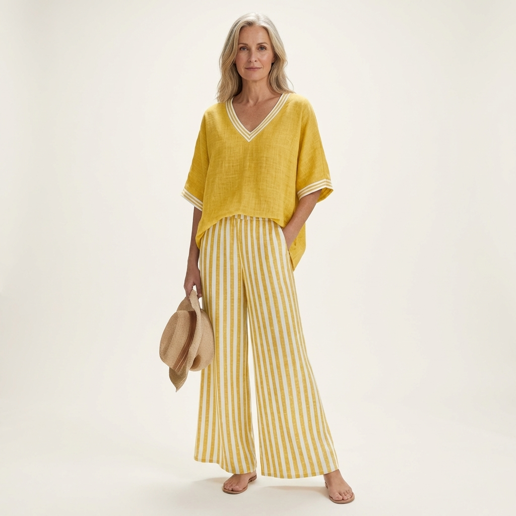 Ginevra | Set Top Scollo a V Stile College e Pantaloni a Righe
