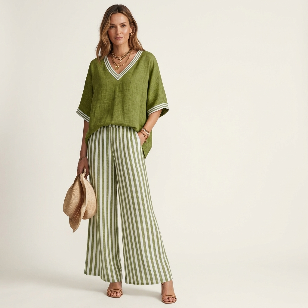 Ginevra | Set Top Scollo a V Stile College e Pantaloni a Righe