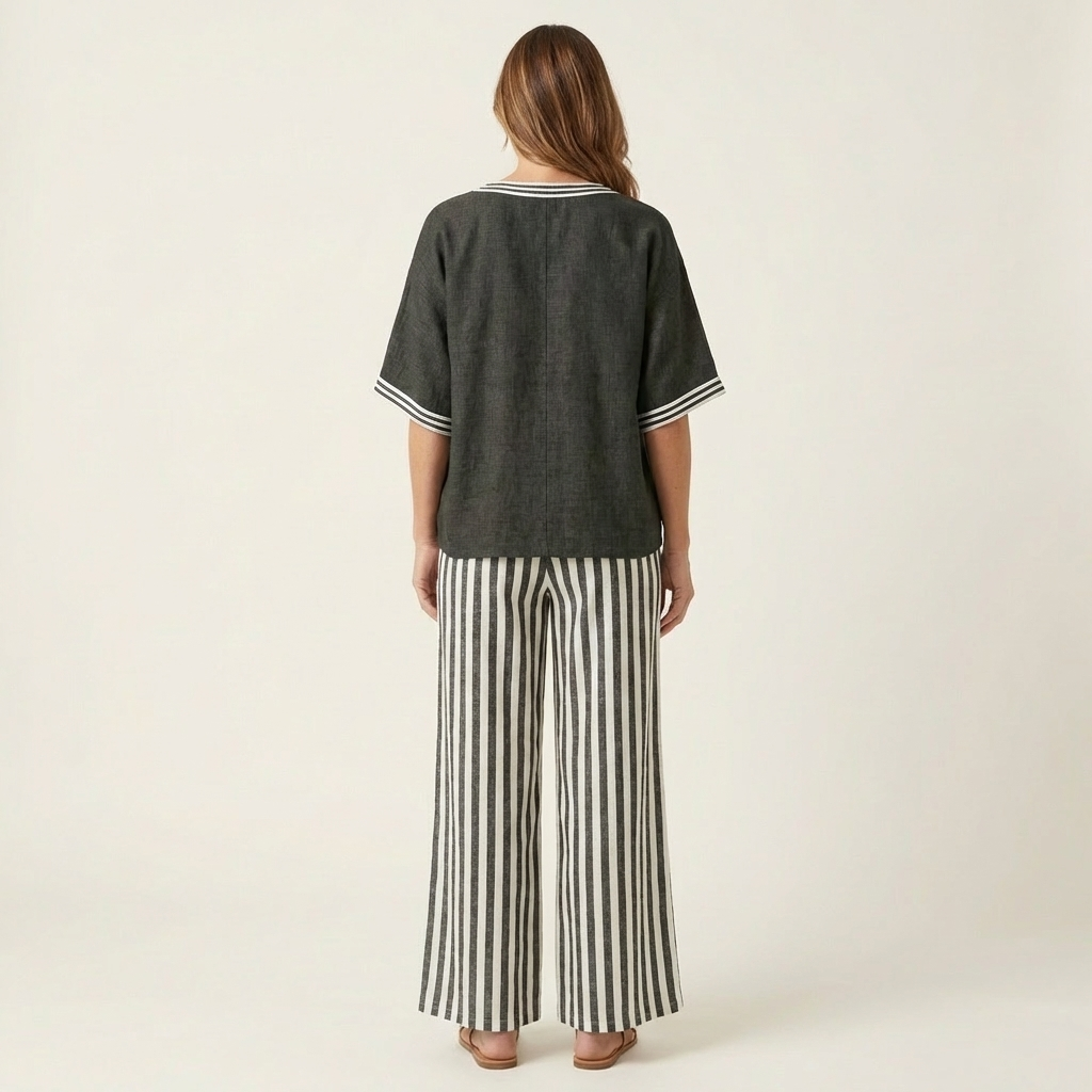 Ginevra | Set Top Scollo a V Stile College e Pantaloni a Righe