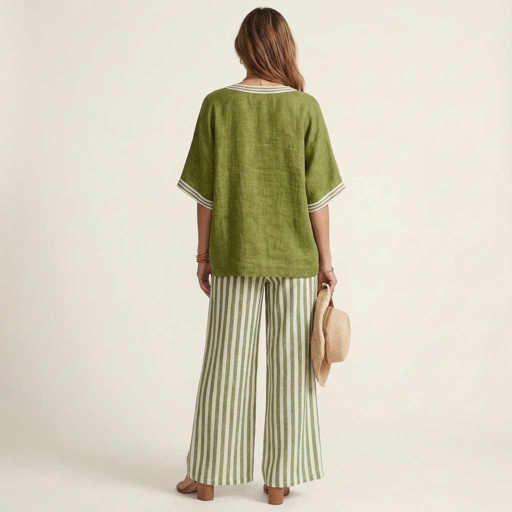 Ginevra | Set Top Scollo a V Stile College e Pantaloni a Righe