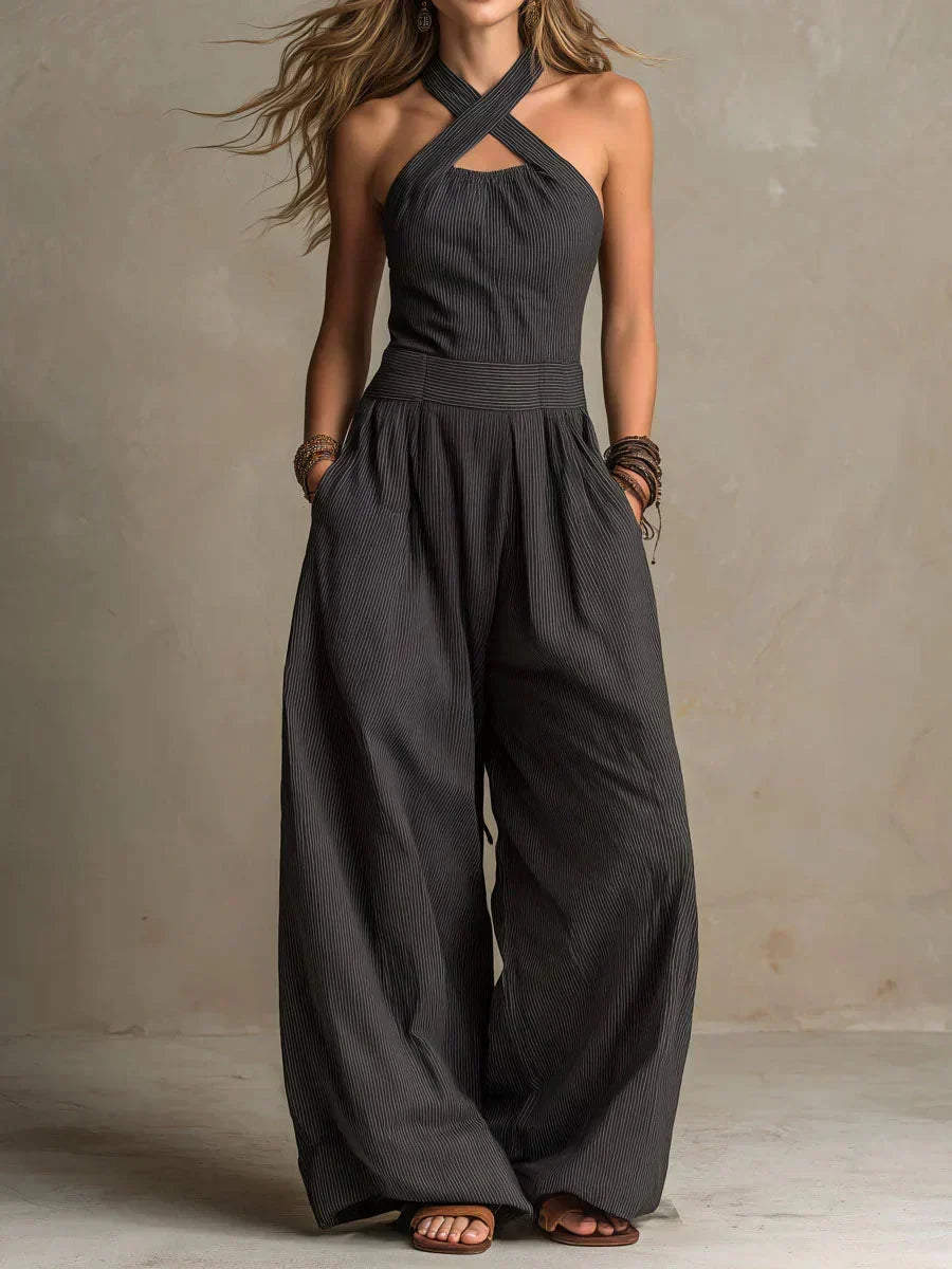 Nazarena | Tuta Rigata con Collo Incrociato e Pantaloni Palazzo