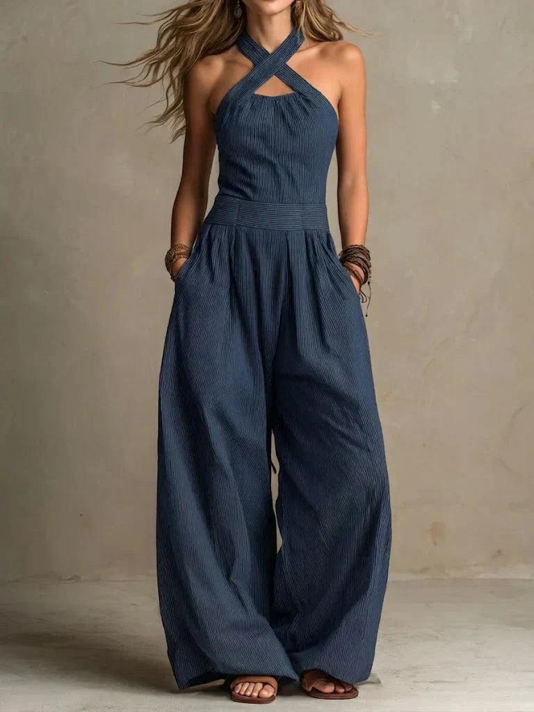 Nazarena | Tuta Rigata con Collo Incrociato e Pantaloni Palazzo