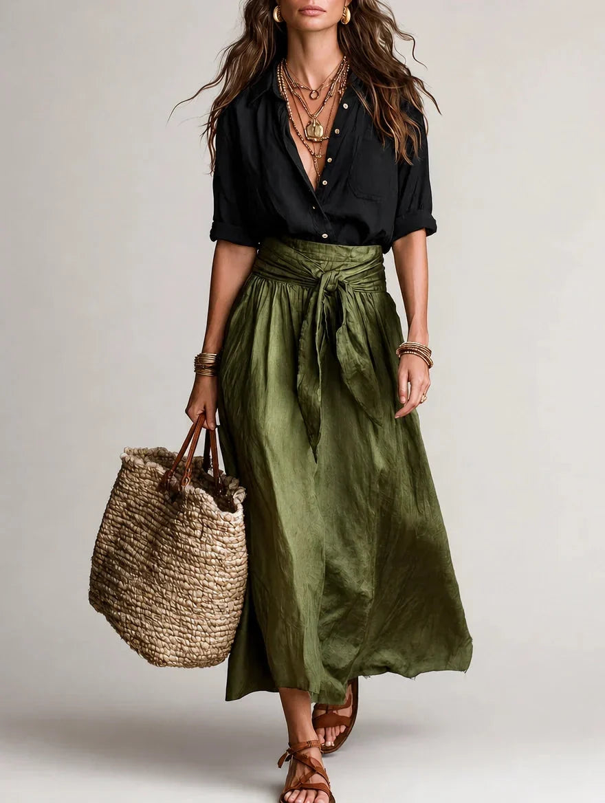 Landegarda | Completo con Camicia Nera e Gonna Lunga Verde Oliva